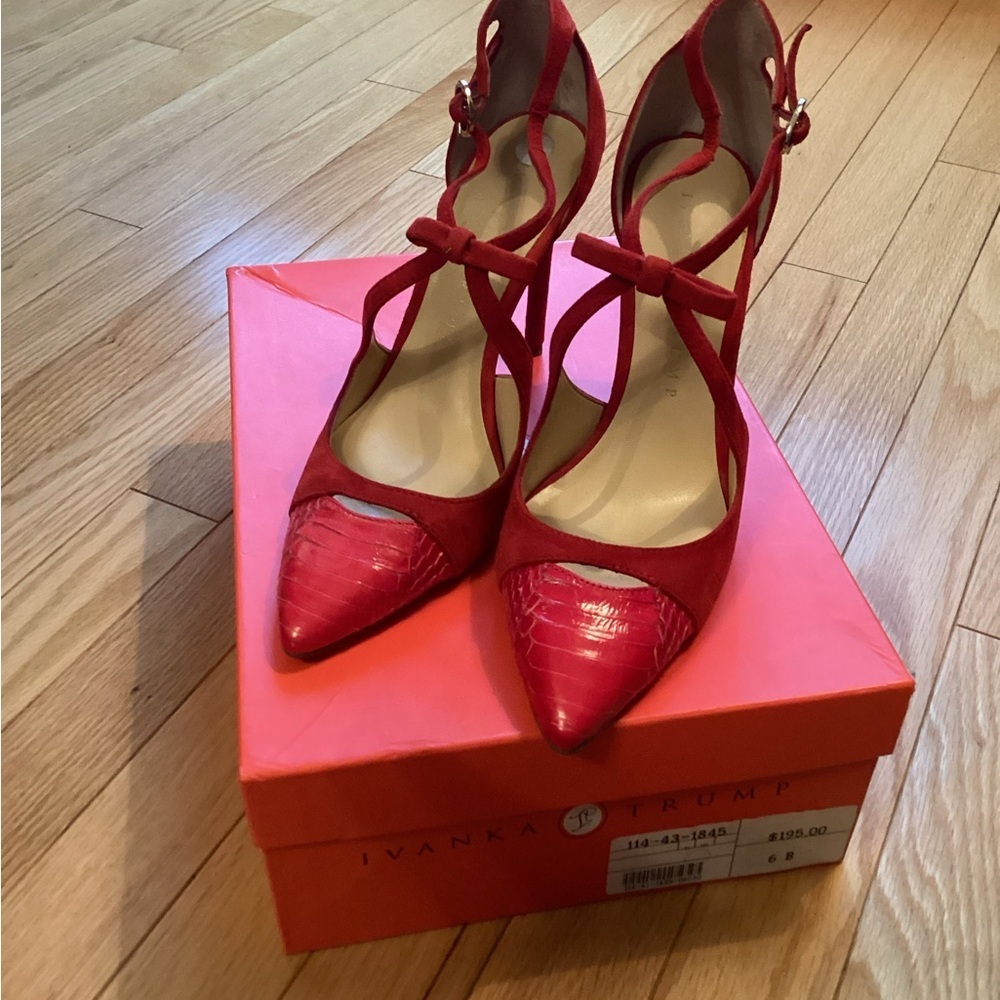 Red Leather Shoes, Pointy toe, bow, adjustable strap, size 6, fits like 6.5-7